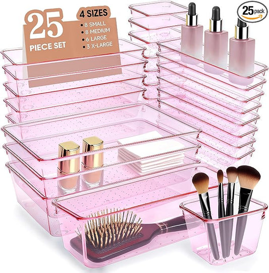Kitchen Desk Drawer Organizers Storage for Office, Small Acrylic Vanity Trays Makeup Organizer for Drawer Bathroom Plastic Make up Organizers 25 Pcs Pink