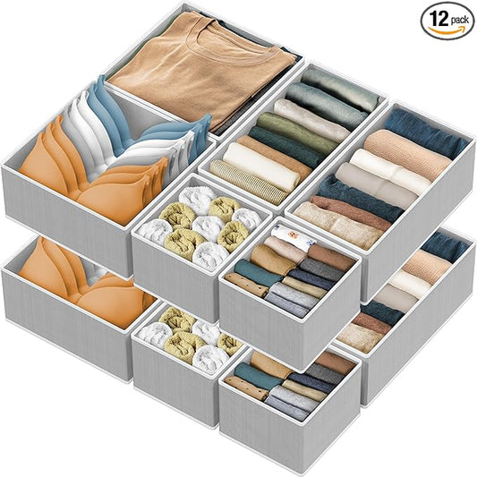 SIMPLE HOUSEWARE Foldable Drawer Organizer for Clothes/Underwear/Panty/Onesie Stocking Bin, Set of 12, Gray