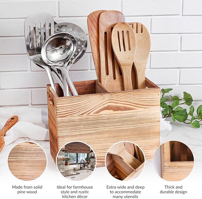 CB Accessories Wood Utensil Holder for Kitchen Counter - 2 Compartment Large Utensil Crock Organizer for Countertop - Tool Holder for Spatula - Farmhouse Decor