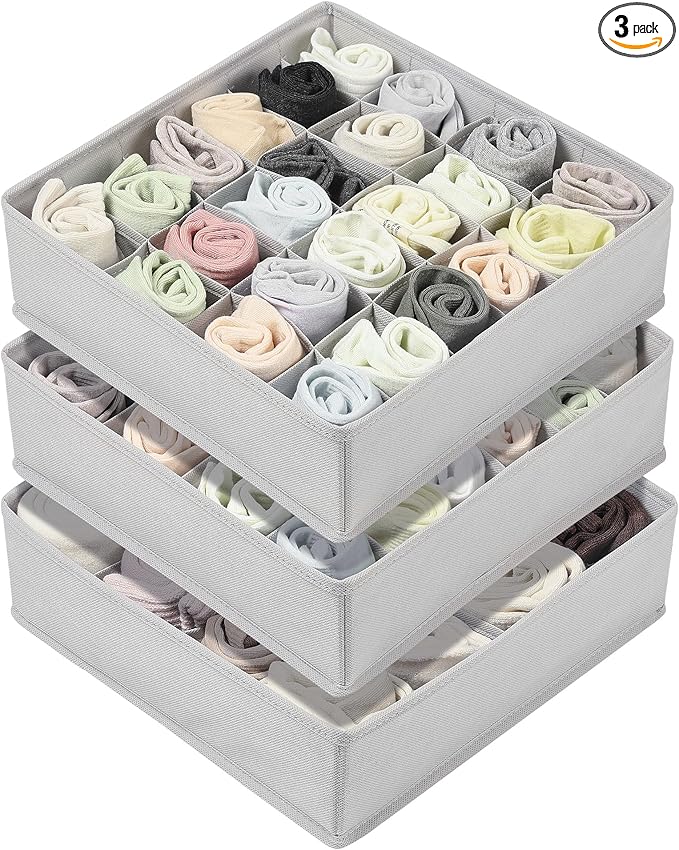 Vtopmart 3 Pack 24+24+16 Cells Socks Drawer Organizers Set, 64 Cells Clothes Drawer Dividers Dresser Organizers Bins, Scarves, Ties, Non-Woven Fabric Storage Boxes for Closet, Nursery