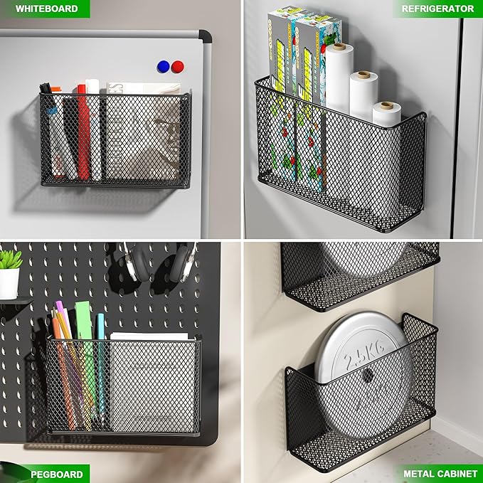LIFEFAN Magnetic Baskets Shelf Bins Organizer Holder Storage Rack Containers for Fridge, Whiteboard, Locker - Home Kitchen Laundry Office School