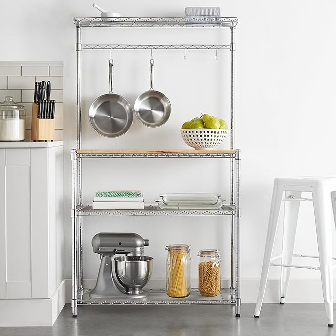 Amazon Basics 3 Tier Kitchen Bakers Rack with Storage, Removeable Top, Wood/Chrome, 14" D x 35.83" W x 63.31" H