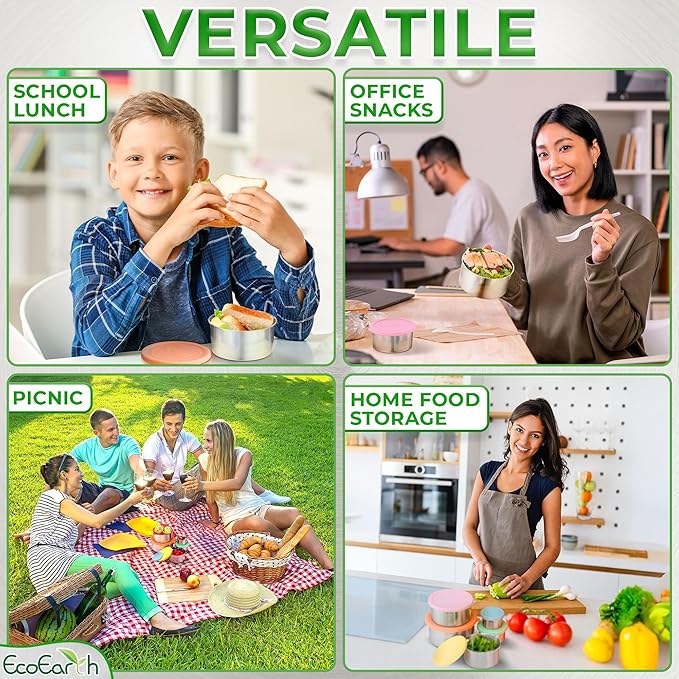 EcoEarth - Stainless Steel Food Storage Containers with Silicone Lids - Stackable Set of 5, Round Nesting Sizes - Meal Prep & Snack Lunch Box Supplies - Plastic Free, Airtight & Leakproof for Travel