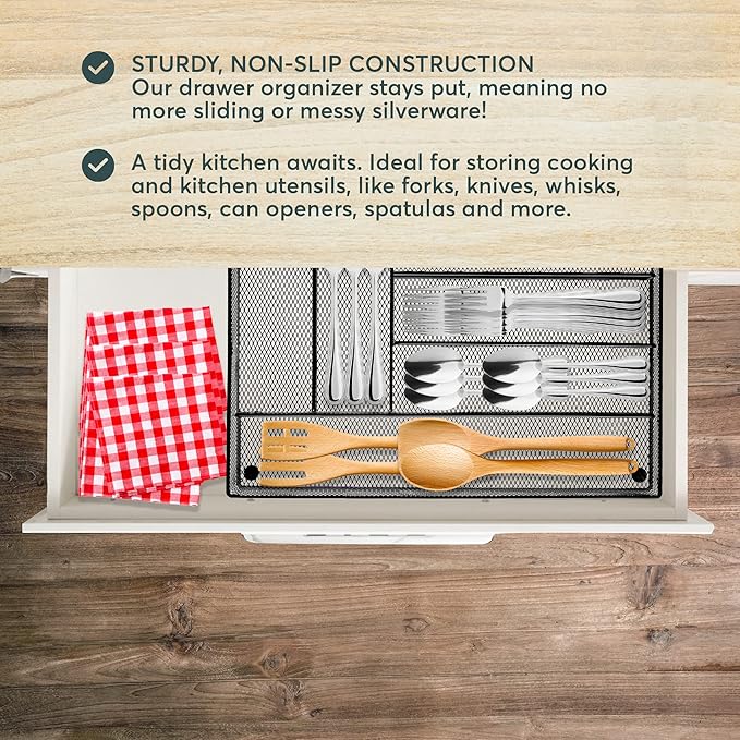 Kitchen Utensil Silverware Tray - Drawer Organizer for Flateware - Drawer Mesh Organizer (Silver)