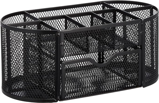 Amazon Basics Mesh Desk Organizer with Pen Holder, Pullout Drawer and Office Caddy Storage, 9.25" x 4.53" x 3.94", Black