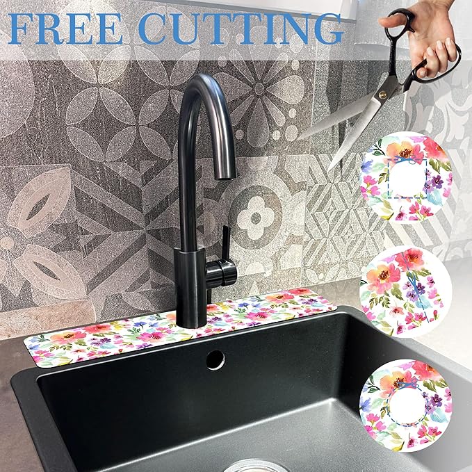 Watercolor Floral Faucet Mat Splash Guard Purple Pink Meadow Flower, Soft Diatom Mud Material, Strong Water Absorption, Non-slip,Easy to Clean for Bathroom, Kitchen 23.5"X5.5"