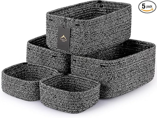 5-Pack Small Woven Rope Storage Baskets – 2 Sizes Organizer Bins for Closet, Shelf, Bookshelf, Nursery, Changing Table, Fabric Cube Boxes, Rectangular Shallow Bins for Bathroom, Toy & Home