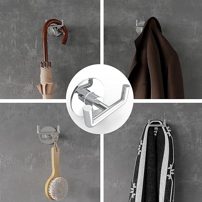 Ruacq Adhesive Double Towel Hook Chrome Round Base Bathroom Robe Self-Adhesive Towel Holder Hand Towel Hanger Stainless Steel and Zinc Alloy Modern Polished Chrome
