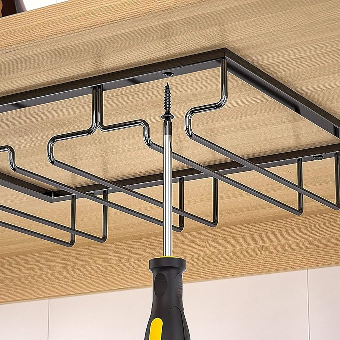 Wine Cup Holder Table Decoration Storage Hanger Metal Organizer for Bar Kitchen Stemware Rack Under Cabinet Stainless Steel Hanger Storage Shelf Black (Black, 3 Rows 1 Pack)