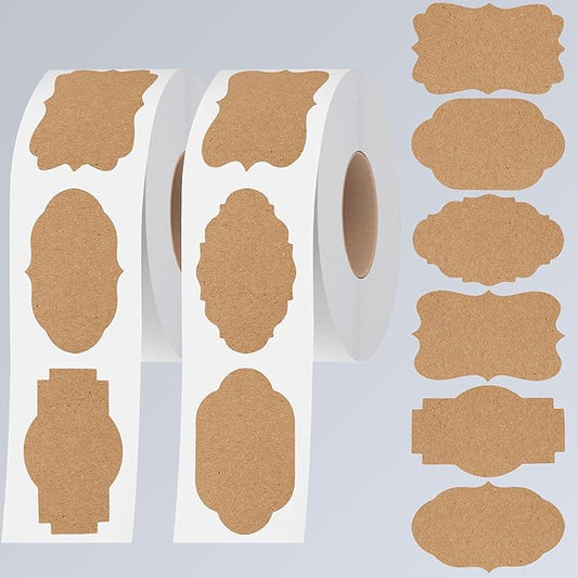 600 PCS Kraft Paper Stickers, 6 Fancy Shapes Labels Self Adhesive Blank Stickers Crafts, Homemade Food Jars, Gift Tags, Name Labels, Envelope Labels, Home Office Business Uses (1.2'' x 2'') (Heba496)