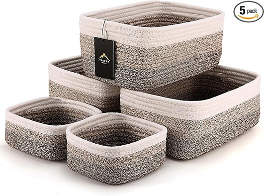5-Pack Small Woven Rope Storage Baskets – 2 Sizes Organizer Bins for Closet, Shelf, Bookshelf, Nursery, Changing Table, Fabric Cube Boxes, Rectangular Shallow Bins for Bathroom, Toy & Home