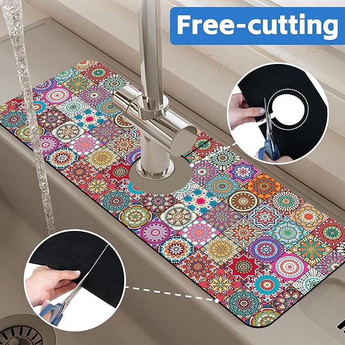 Vintage Boho Mandala Floral Kitchen Sink Splash Guard Mat Absorbent Fast Drying Mat Faucet Draining Mat Sink Splash Guard Behind Faucet Drip Catcher for Kitchen Bathroom 5.5"×15"