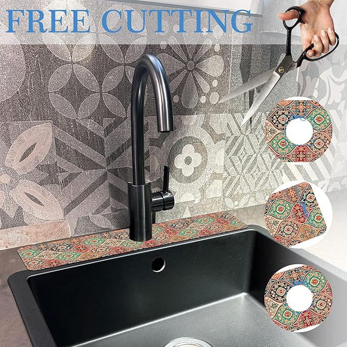 Faucet Mat Splash Guard Boho Rug, Soft Diatom Mud Material, Strong Water Absorption, Non-slip,Easy to Clean for Bathroom, Kitchen 23.5"X5.5"