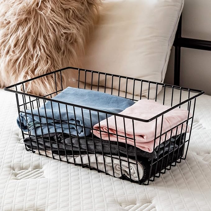 blitzlabs Wire Storage Basket Organizer Bins Farmhouse Metal Basket Pantry Large Organizing Storage Bin Baskets for Kitchen Cabinets, Pantry, Freezer, Bathroom,Closets-Set of 3-Black