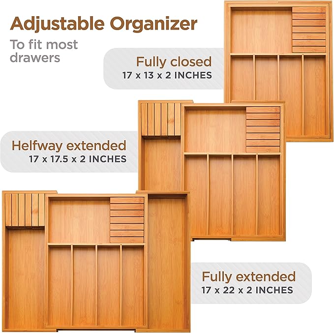 Expandable Drawer Organizer with Knife Block - Bambusi Bamboo Kitchen Utensil & Silverware Organizer, Adjustable Cutlery Tray Divider for Flatware, 7 Compartment Large Drawer Organizer