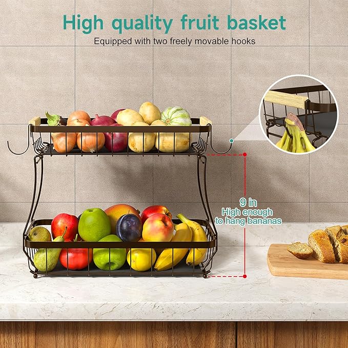 2 Tier Large Fruit Basket for Kitchen Counter with 2 Mobile Banana Hangers, 2026 Pro Detachable Metal Fruit Bowl with Wooden Handle (Brown, 2 Tier Extra Large)