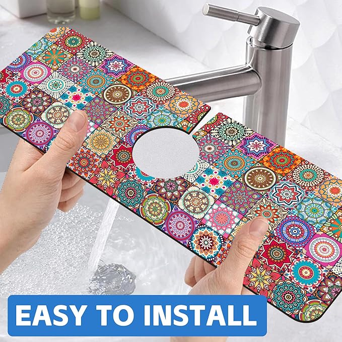 Vintage Boho Mandala Floral Kitchen Sink Splash Guard Mat Absorbent Fast Drying Mat Faucet Draining Mat Sink Splash Guard Behind Faucet Drip Catcher for Kitchen Bathroom 5.5"×15"