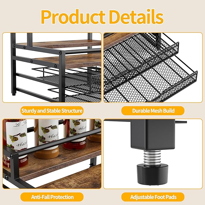 4 Tier Coffee Syrup Rack Organizer, Coffee Bar Organizer with 2 Sliding Drawers for K Cup Holder, Coffee Pod Holder for Coffee Station, Kitchen or Office Countertop, Brown