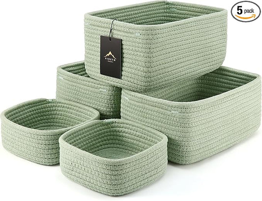 5-Pack Small Woven Rope Storage Baskets – 2 Sizes Organizer Bins for Closet, Shelf, Bookshelf, Nursery, Changing Table, Fabric Cube Boxes, Rectangular Shallow Bins for Bathroom, Toy & Home