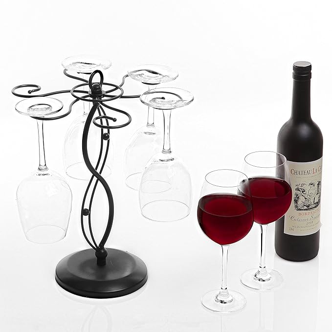 MyGift 6-Hook Rotating Wine Glass Rack with Sturdy Base & Scrollwork Design - Black Metal Countertop Stemware Holder | Rust-Resistant, Space-Saving Storage for Kitchen, Bar, Dining Table (13.75" H)