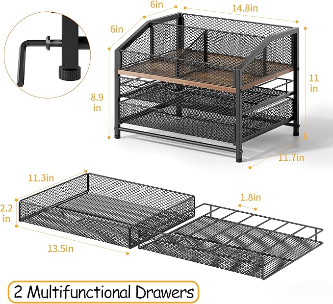 Coffee Bar Organizer for Countertop, Coffee Station Organizer with Removable Dividers, Metal and Wood K Cup Holder Storage Basket for Pods, Syrup, Stirrer and Condiment, Black and Brown