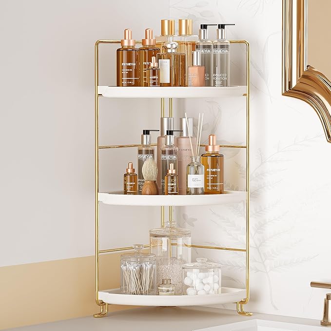 FSyueyun 3-Tier Bathroom Corner Shelf Organizer Countertop, Kitchen Spice Rack Vanity Tray Perfume Makeup Organizer Cosmetic Storage Tray Standing Shelf (Gold)