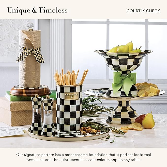 MACKENZIE-CHILDS Wood Paper Towel Holder, Decorative Paper Towel Holder for Kitchen, Black-and-White Courtly Check