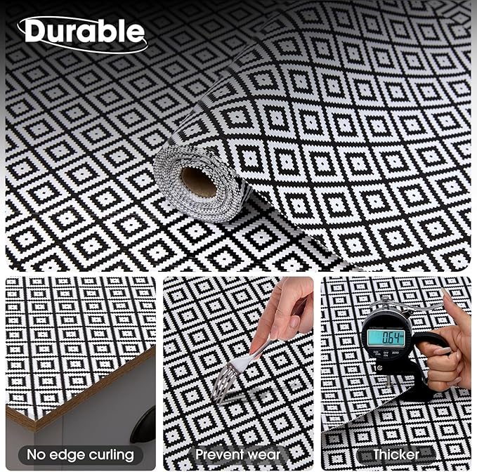 ALIUNI Drawer and Shelf Liner, Non-Slip Kitchen Cabinet Liners Non-Adhesive Thick Strong Grip Waterproof Washable Mats Protect Dresser Shelves Cupboard Bathroom Cabinets, Black & White, 12 in X 20 FT