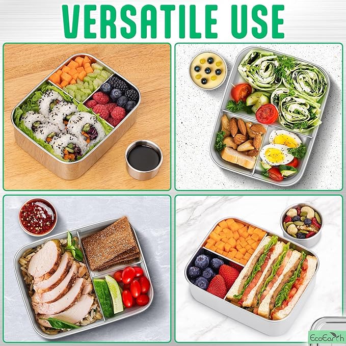 EcoEarth Stainless Steel Bento Box - 27 oz - Leakproof Metal Lunch Boxes for Adults with 3 Compartments - Small Tin Food Containers with Condiment Cups - Snack Box for Work - Green