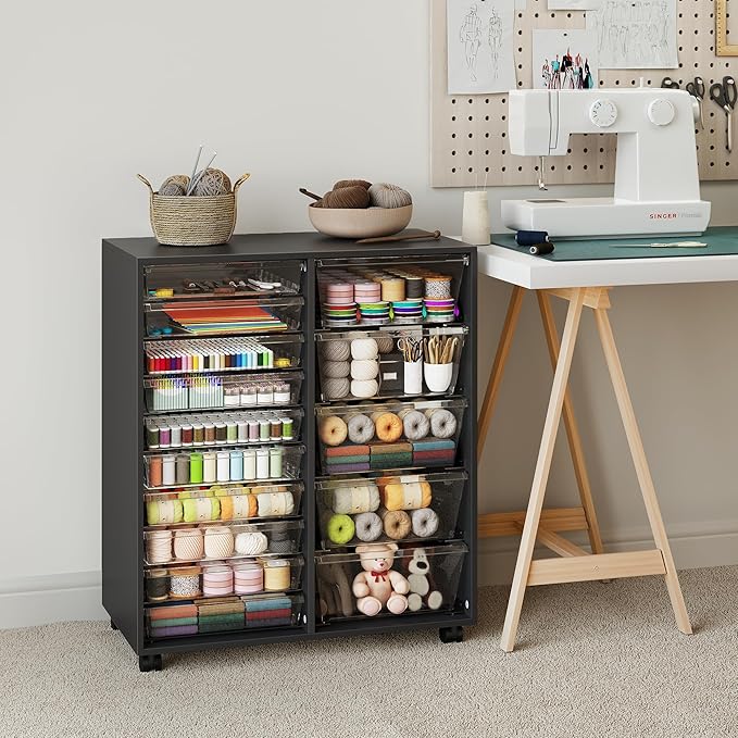 WOPITUES Rolling Cart with Wooden Tabletop, Mobile Storage Cabinet with 15 Clear Drawers, Craft Cabinet with 5 Large Drawers, Printer Stand Home Office, Black Dresser Chest