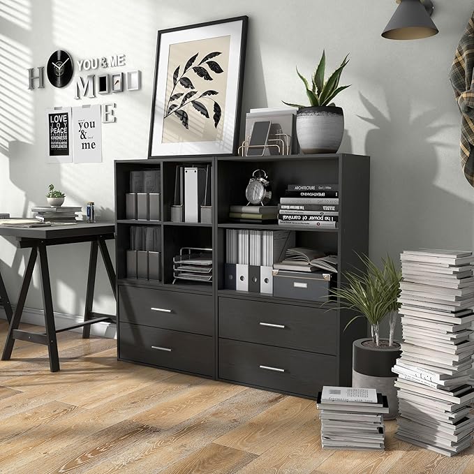 Homes: Inside + Out Apexa 2-Tier Cube Storage Organizer Shelves, Stackable Wood Bookcase Fits Cubby Bins for Organization, Dorm Teen Room Decor & Home Office, Black