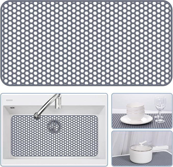 Bestjing Silicone Sink Protectors for Kitchen Sink - 28.3"x 15.7" Kitchen Protector Mat Accessory, Non-Slip Heat Resistant Mat for Bottom of Farmhouse Stainless Steel Porcelain (Gray)