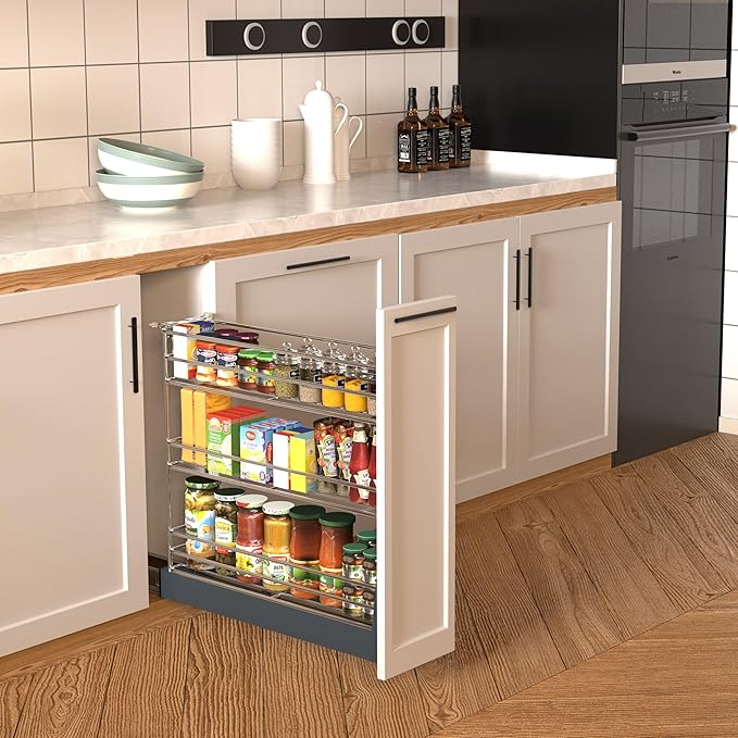 Pull Out Spice Rack for Narrow Cabinet (5.9" W X 19.7" D), Heavy Duty 3 Tier narrow PullOut Cabinet Organizer and Slide Out Shelves for inside Base Cabinets, Filler Pantry Storage