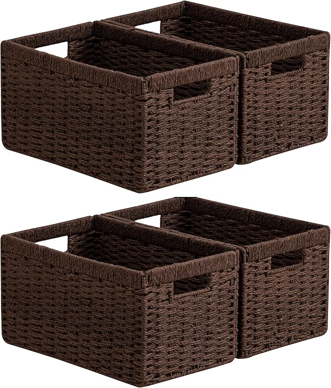 joybest Shelf Storage Wicker Baskets, 4-Pack Woven Paper Rope Baskets for Organizing, Foldable Rectangular Bin with Handles for Pantry, 13.4L x 8.3W x 7.1H Inch, Dark Brown
