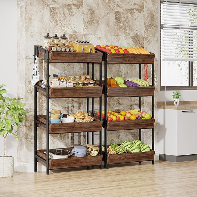 LITTLE TREE 4-Tier Wood Fruit Vegetable Storage Basket Stand Set of 2, Versatile Utility Shelf Rack for Kitchen, Office, Store, Supremarket, Vintage Brown