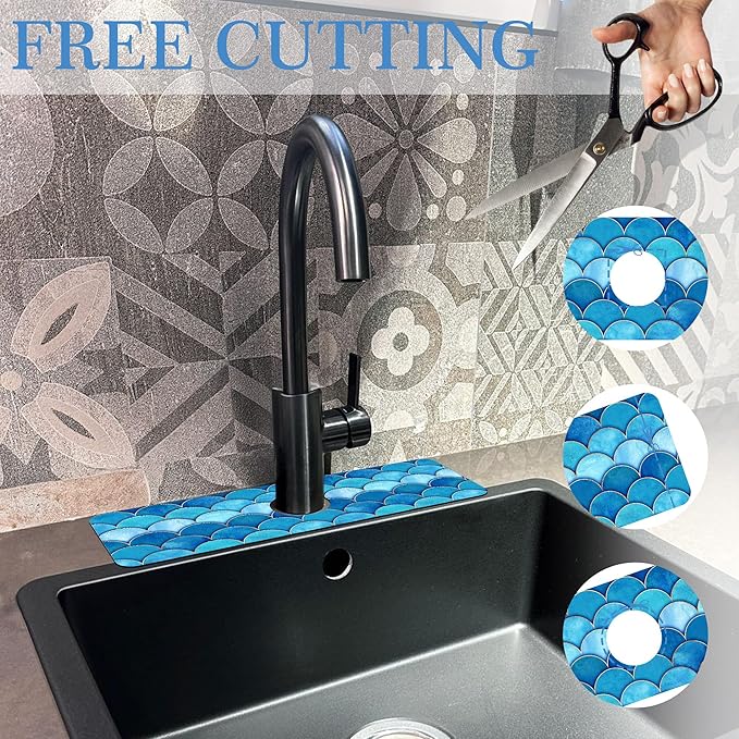 Mermaid Fish Scale Wave Faucet Mat Splash Guard Scale Texture, Soft Diatom Mud Material, Strong Water Absorption, Non-slip,Easy to Clean for Bathroom, Kitchen 15"X5.5"