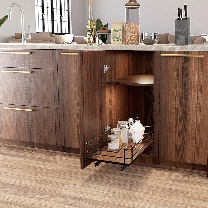 Home Zone Living Pull Out Kitchen Cabinet Organizer with Slide Out Drawer for Space Saving Storage, 11”W x 21”L, Matte Black Dark Brown Wood Finish