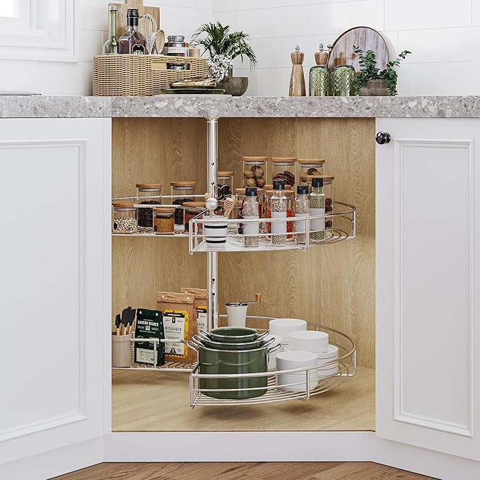 DWVO 31-Inch 2-Tier Lazy Susan Turnable for Cabinet, Rotating 2-Shelf Lazy Susan Corner Organizer with Adjustable Height for Kitchen Pantry, Chrome-Plated Double Spinning Corner Organizer, Silver