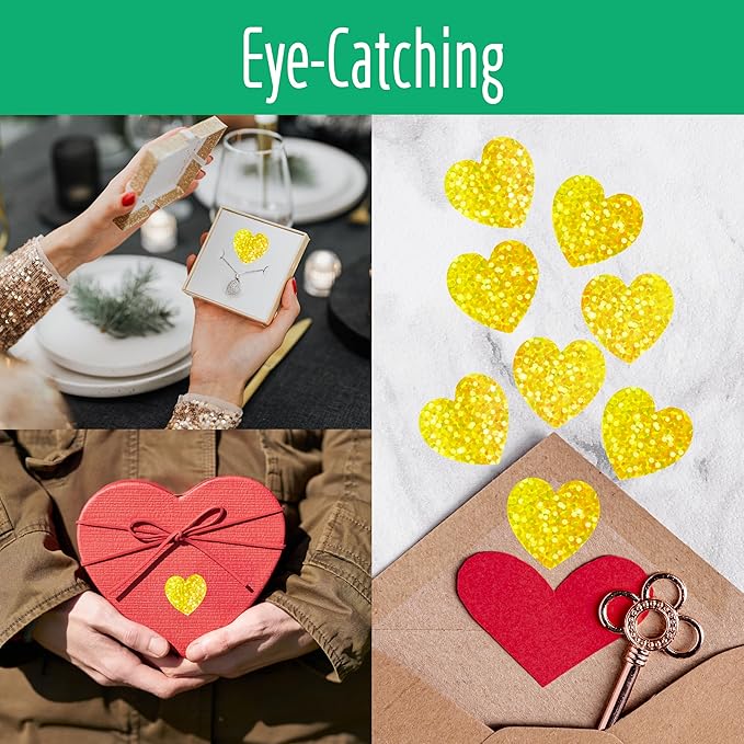 500 PCS Gold Glitter Heart Stickers - Golden Metallic Sparkling Self Adhesive Waterproof Reflective Heart Stickers for Love Decorative Labels - Wedding, Valentine's Day Supplies (1' Each)