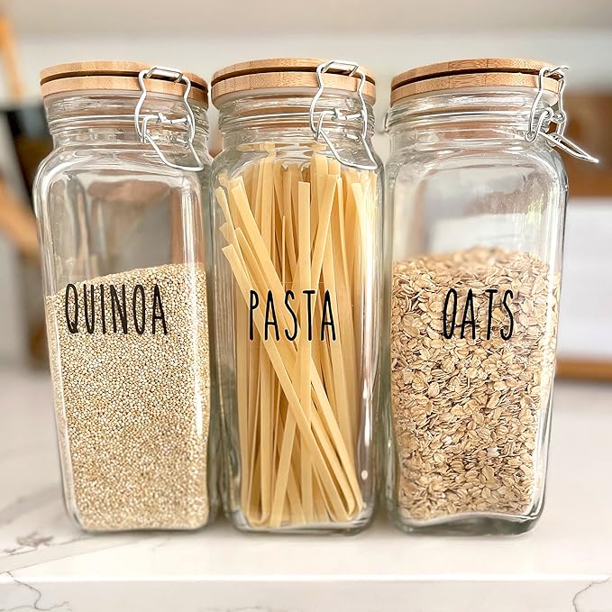 QUART + PINT 155 Kitchen Pantry Labels for Containers. Preprinted Clear Handwritten Stickers with Black Text. Waterproof Vinyl Stickers. Organization Labels for Jars Canisters & Home Storage Bins.