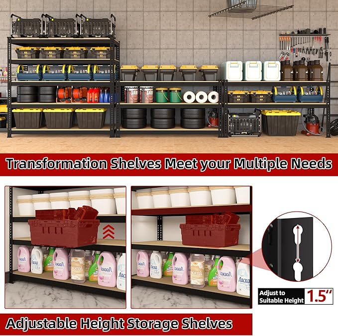 5 Tier Garage Storage Shelves - 32" W x 16" D x 63" H Adjustable Heavy Duty Metal Shelving Unit, Garage Shelving Utility Storage Rack for Basement, Pantry, Kitchen, Black, 4 PCS