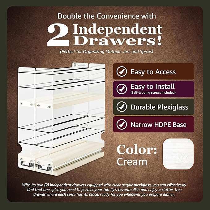 Vertical Spice - Narrow Pullout Spice Rack - Sliding Drawer for Kitchen Organization - Pantry Organizers and Storage - 2 Drawers - 10 Spice Jar Capacity (4.6" W x 5.0" H x 10.6" D, Cream)