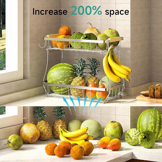 2 Tier Large Fruit Basket for Kitchen Counter with 2 Mobile Banana Hangers, 2026 Pro Detachable Metal Fruit Bowl with Wooden Handle (Silver, 2 Tier Extra Large)