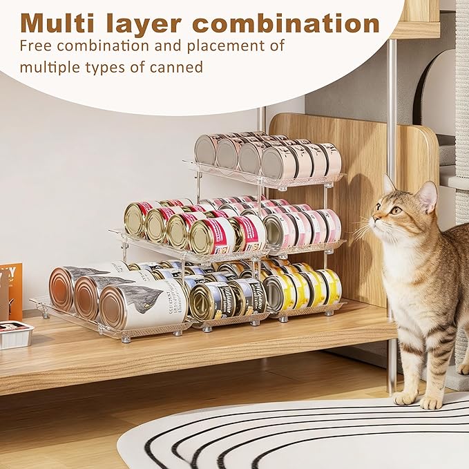 Can Organizer for Pantry, Modular 2 Tier Adjustable Cat Food Can Organizer Large Soup Can Storage Beverage Cans Clear Canned Goods Holder for Pantry and Fridge