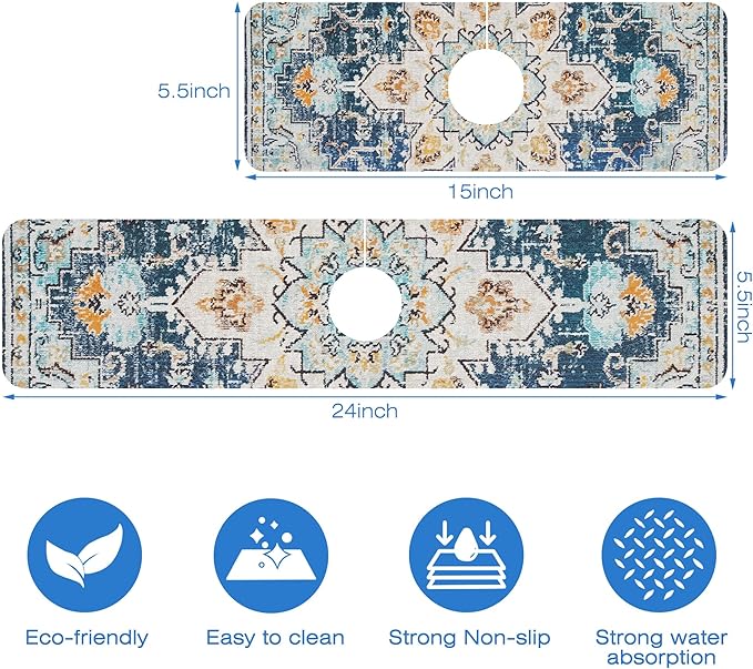 Oriental Blue Turkish Carpet Pattern Sink Faucet Absorbing Mat Sink Splash Guard Faucet Mat Draining Mat Fast Drying Sink Protectors for Kitchen and Bathroom 5.5"×24"