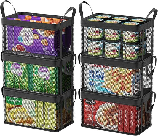 iSPECLE Deep Freezer Organizer Bins - 6 Pack 15" Large Stackable Freezer Organizer for 5 to 7 Cu.Ft Chest Freezer, Sturdy Fabric & Stainless Steel for Meat & Vegetables, Easy Access, Black