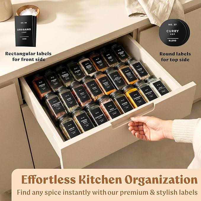 Glass Spice Jars with Label and Black Aluminum Lids (24 x 4oz) Spice Containers with 240 Labels, Shaker Inserts, Steel Funnel, Empty Square Seasoning Organizer (Black Aluminum Lid)