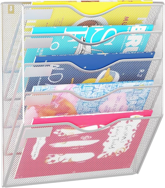 5 Pockets Hanging Wall File Organizer Mail Holder, Wall Mounted Paper Document Folder Holder, Clipboard Storage Organization Magazine Rack, Silver