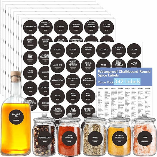 Hebayy 342 Removable Spice Labels,304 Pre-Printed Herb Seeds Seasoning Sauce Oil Vinegar Round Stickers,38 Blank Ones,Waterproof Oil & Tear Resistant,No Residue for Kitchen Pantry Containers Jars