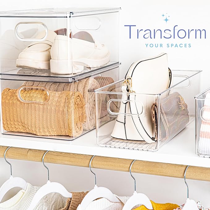 primebox Plastic Food Storage 2 Pack Clear Container Bin with Handles for Organizing Kitchen, Pantry, Fridge, Freezer, Pantry, Bathroom. 14"x6"5"